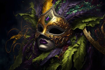venetian golden carnival mask with colorful feathers. generative ai