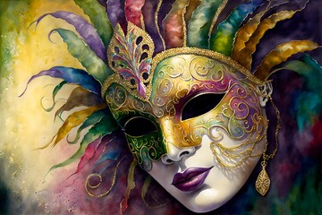 Magdi gras carnival mask illustation, watercolors. Generative AI