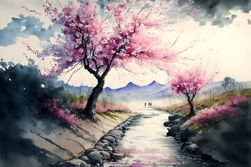 Landscape with blooming trees by the river. Generative AI
