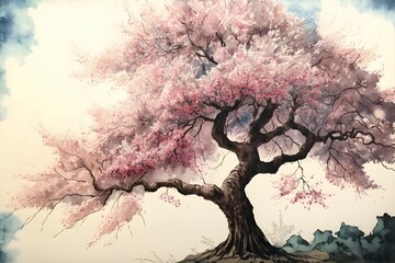 Sakura tree with flowers in bloom. Generative AI