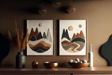 Indoor decorations in simple organic and earth tones. Generative AI