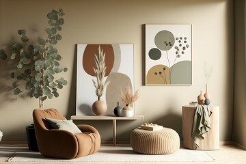 Modern interior with simple organic shapes and earth tone style. Generative AI.
