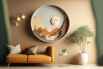 Modern living room with sofa. Simple organic shapes and earth tones. Generative AI