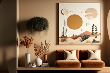 Interior of the room. Simple organic shapes and earth tones. Generative AI