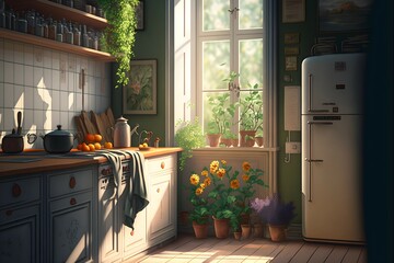 Kitchen interior by summer. Generative AI