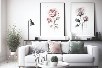 Scandinavian interior poster livingroom, soft colors apartment with rose floral poster, mockup, template, generative ai