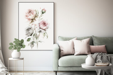 Scandinavian interior poster livingroom, soft colors apartment with rose floral poster, mockup, template, generative ai