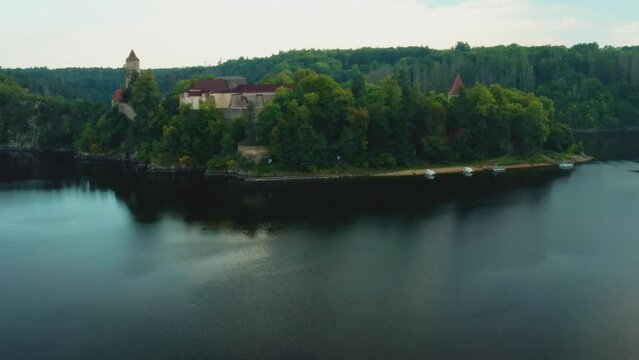 Fly over the river to Zvikov castle in Czech Republic. 