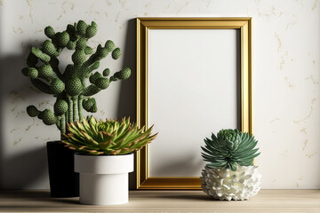 Home interior poster mock up on a white wall with a vertical gold metal frame and succulents. Generative AI