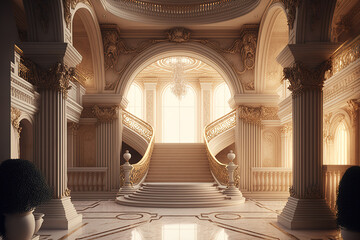 An image of the inside of a golden luxury palace with white marble and golden furnishings. Generative AI