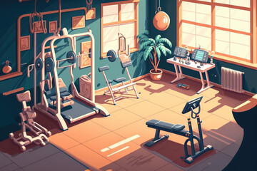 Fototapeta premium Inside the old gym with equipment Private home gym with various sports equipment Row of stationary bikes and fitness equipment for bodybuilding in the gym. modern fitness room. Generative AI