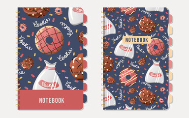 Cover template - sweet notebook cover. brochures, stationery, planner, book. Cookie and donut pattern
