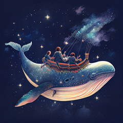 Group of people riding a big whale on the sky