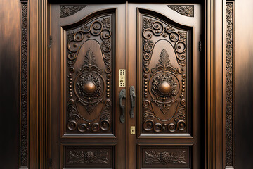 Armor plated entrance doors. wooden appearance. Background. Generative AI