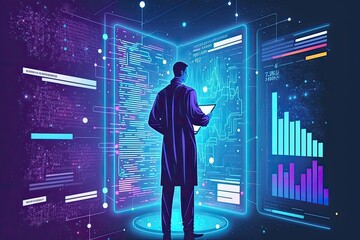 Big data technology and data science. Data scientist querying, analysing and visualizing complex information on virtual screen. Data flow. Business analytics, finance,network, AI, ML. Ai generative.