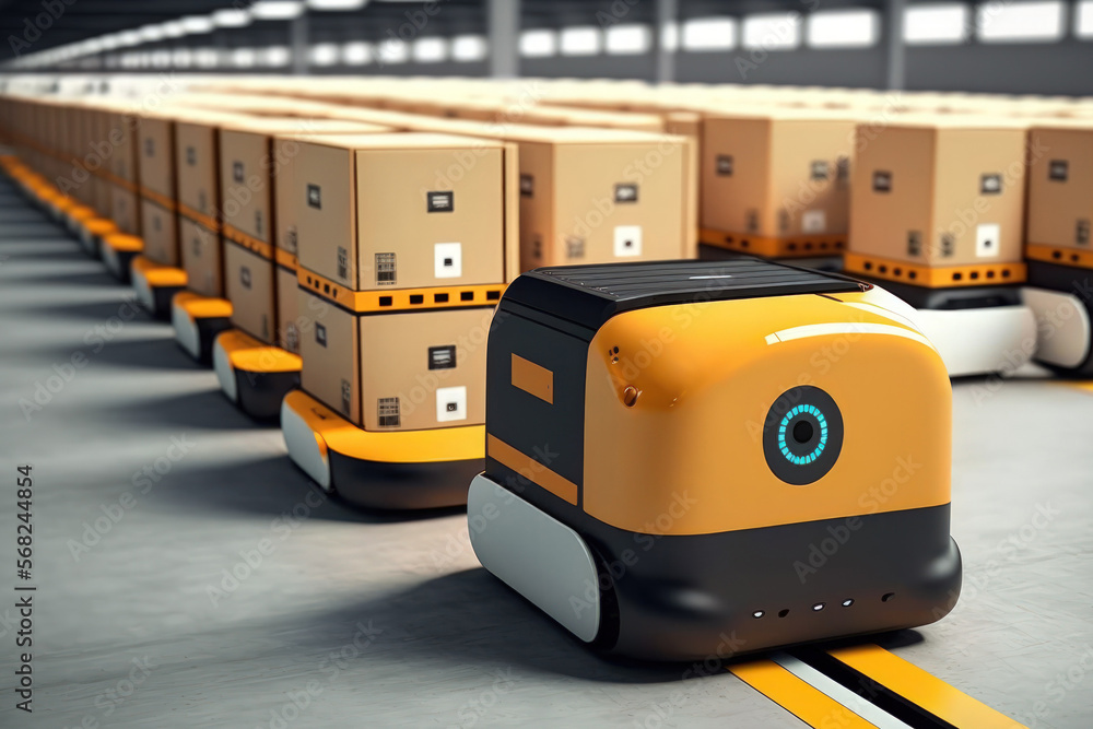 Poster agvs, or automated guided vehicles, sort hundreds of packages per hour with efficiency. generative a