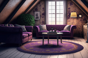 Obraz premium In an attic room, there are two purple sofas and a table. A carpet and a small round table are present. the mock up. Generative AI