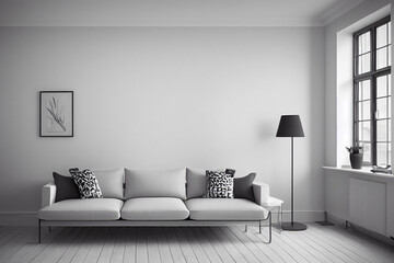 grey couch in minimal living room, interior decoration made with Generative AI