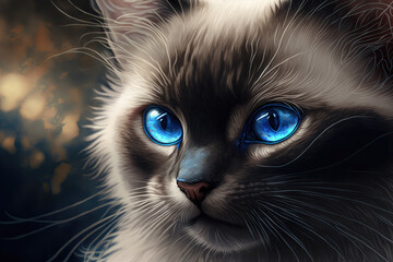 a young cat with blue eyes up close. Masquerade cat Neva. Generative AI