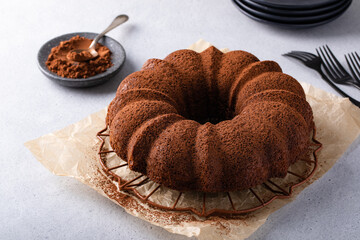 Chocolate bundt cake dusted with cocoa powder