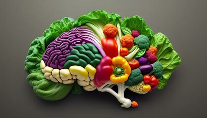 Human brain made of variety of colorful vegetables, concept of vegetarian, vegan, healthy nutrition, created with Generative AI 