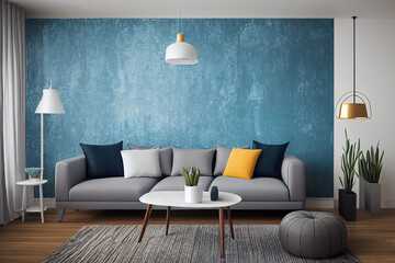 big blue painting behind gray sofa with colorful pillows, living room with indoor plants made with Generative AI