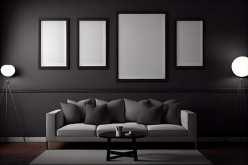 A series of blank poster frames hanging on a grey wall of a living room | Interior of a living room with a plush, dark leather sofa, white photo frames and a coffee table | Generative Ai 