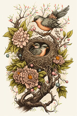 Vintage bird nest nature drawing