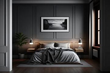 gray sleeping quarters Dark wood floor with a bed. bedroom with a minimalist decor and a faux picture frame. No, folks. high caliber. Generative AI