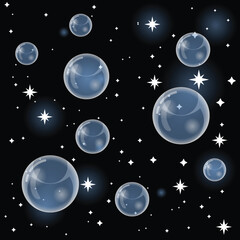 Transparent bubbles in the starry sky, seamless vector pattern