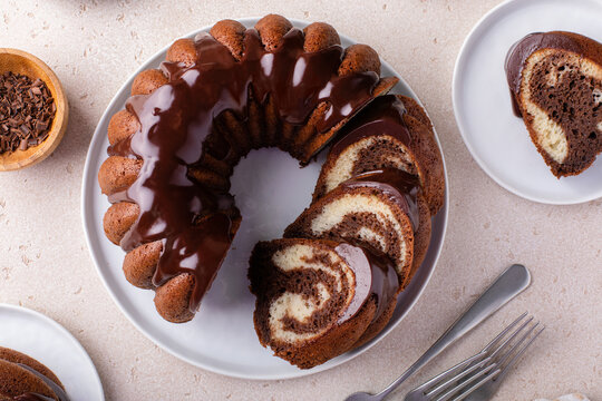Chocolate marble bundt cake with chocolate glaze drizzled on top