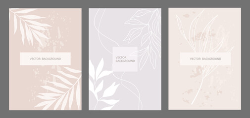 Trendy cards with leaves in pastel colors. Vector temlates for social media, wedding invitation, branding design