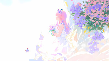 Una hermosa mujer con un vestido de boda parada junto a un árbol con flores mariposas volando, IA Generativa - obrazy, fototapety, plakaty