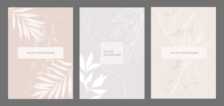 Trendy cards with leaves in pastel colors. Vector temlates for social media, wedding invitation, branding design