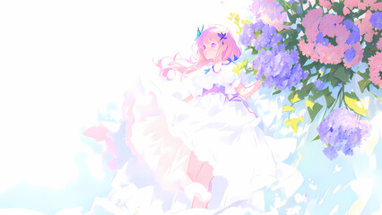 Fototapeta na wymiar Una hermosa mujer con un vestido de boda parada junto a un árbol con flores mariposas volando, IA Generativa