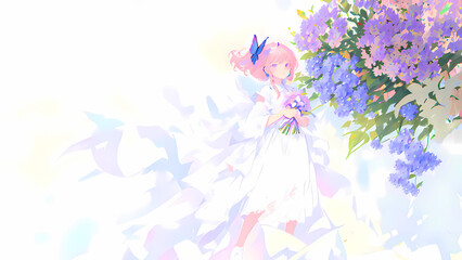 Una hermosa mujer con un vestido de boda parada junto a un árbol con flores mariposas volando, IA Generativa - obrazy, fototapety, plakaty
