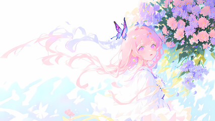 Plakat Una hermosa mujer con un vestido de boda parada junto a un árbol con flores mariposas volando, IA Generativa