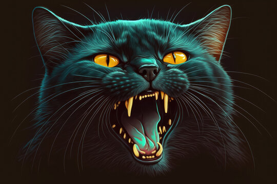 Black cat yawning, tongue and fangs visible in open cat muzzle. domestic cat sleeping at home. One creature was a sweet kitty. Generative AI