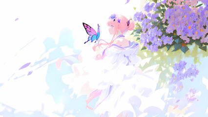 Fototapeta na wymiar Una hermosa mujer con un vestido de boda parada junto a un árbol con flores mariposas volando, IA Generativa
