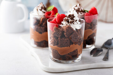 Chocolate trifle or parfait with chocolate mousse and whipped cream
