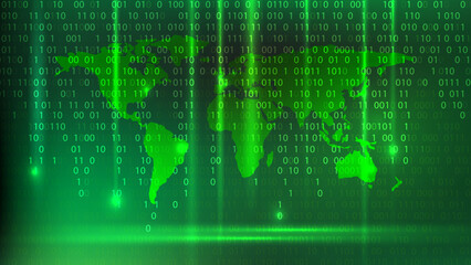 Futuristic binary code world map green color vector background