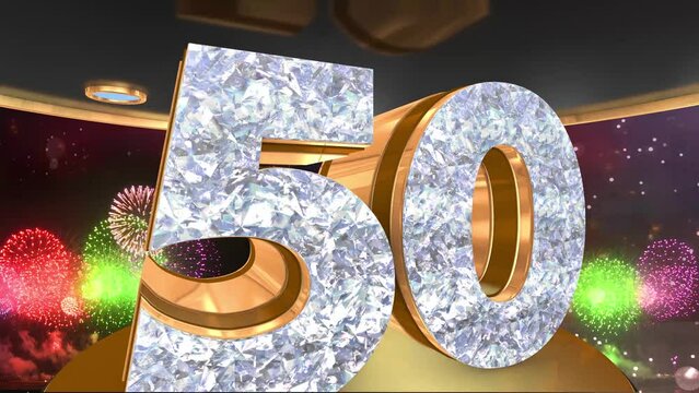 50th anniversary animation in gold and diamonds with fireworks background, 
Animated 50 years anniversary Wishes in 4K 