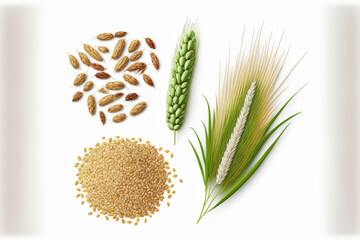 Oat, barley, and wheat seeds. Harvest wheat, barley, and whole sprouts. For cereal bread flour, an individual wheat grain ear or rye spike plant is shown on a white backdrop. cutaway of top view
