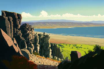 Obraz premium View of the Sea of Galilee and the Golan Heights as seen from the eastern observation point of the Arbel plateau in the Lower Galilee, Israel's Arbel Cliff National Park. Generative AI