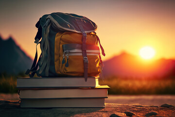 back to classes! A backpack is perched on a stack of books against a backdrop of a setting sun. Reading and education concept. Generative AI
