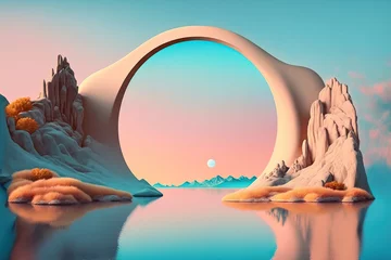 Foto op Plexiglas Lichtroze a background of an abstract zen seascape. Surreal Nordic landscape with a mirror arch, placid river, and a sky with pastel gradients. minimalist futuristic wallpaper. Generative AI