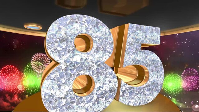 85th anniversary animation in gold and diamonds with fireworks background, 
Animated 85 years anniversary Wishes in 4K