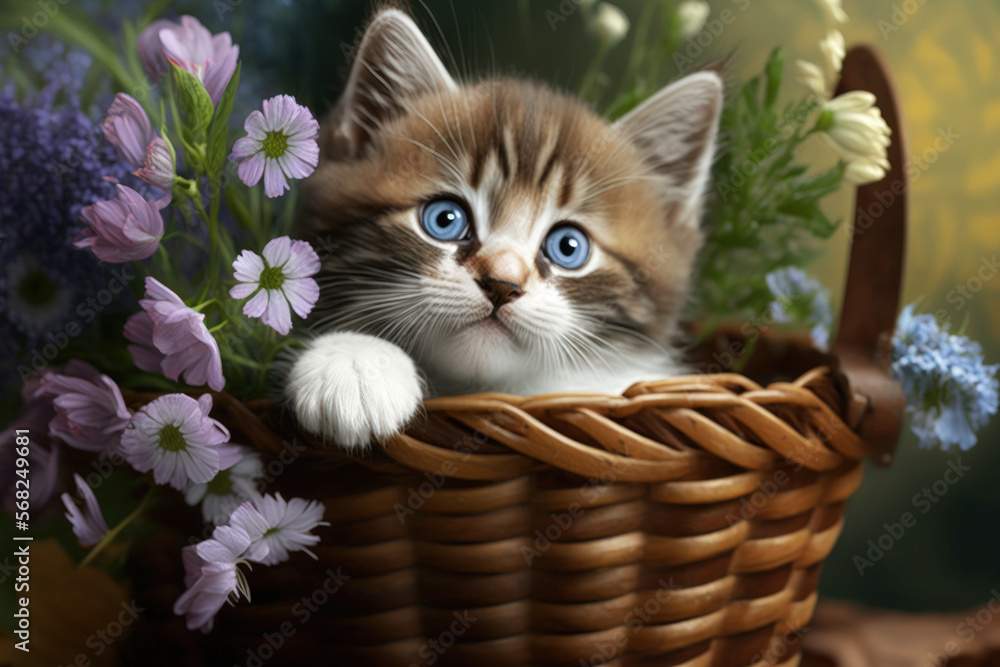 Poster In a flower filled basket, a striped kitten with bright blue eyes scans the side. Generative AI