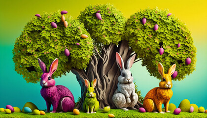 Colorful easter bunny with eggs and trees spring scene