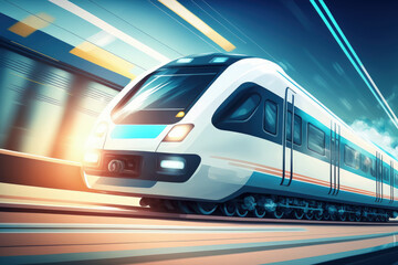 Obraz na płótnie Canvas Acceleration super rapid swift motion blur of train station for background design. High speed business and technology concept. Generative AI